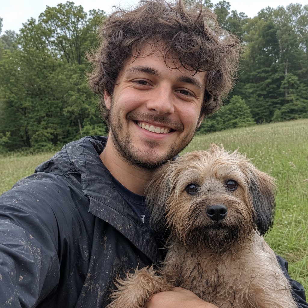 Generated example: a young man holding his small dog in his arms